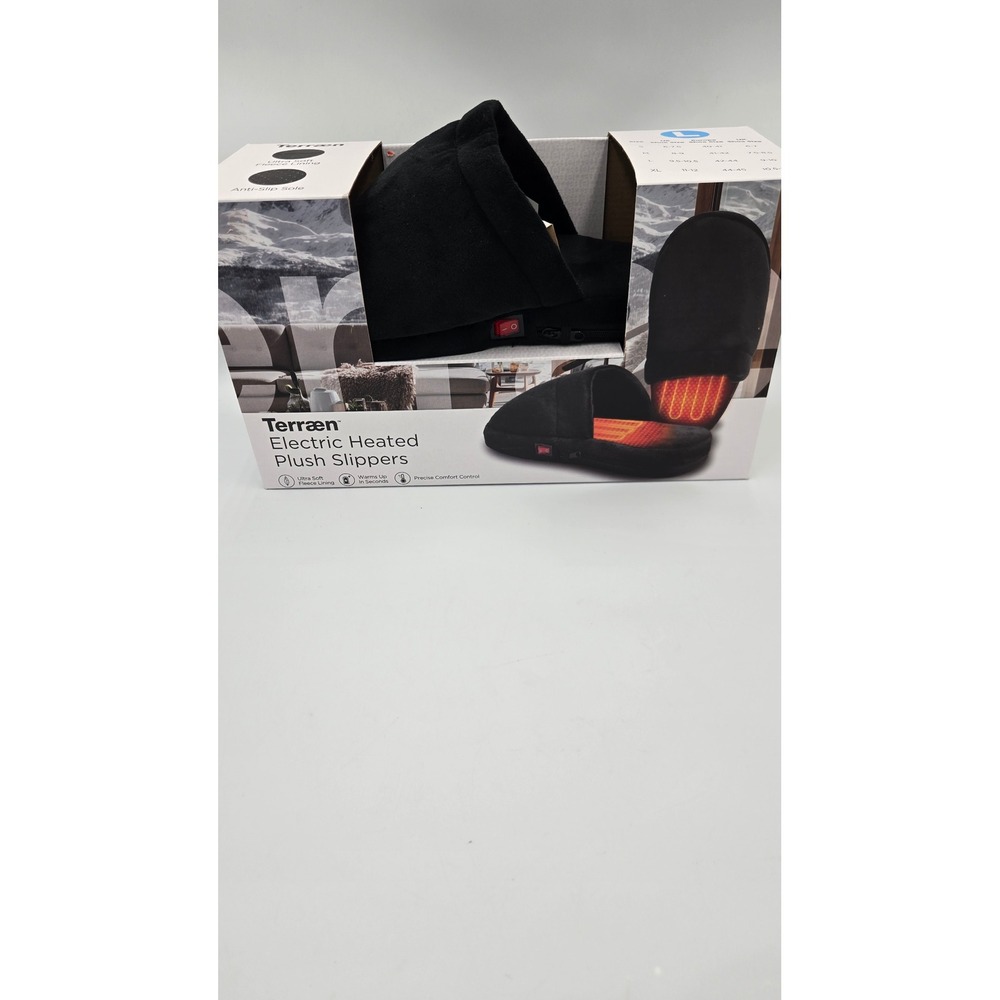 Terraen Electric Heated Plush Slippers Size L Black Fleece Lined 9.5-10.5 NEW